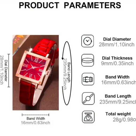 New 5pc Women's Red Watch & Heart Bracelet Set with Earrings, Necklace & Ring - Picture 3 of 5